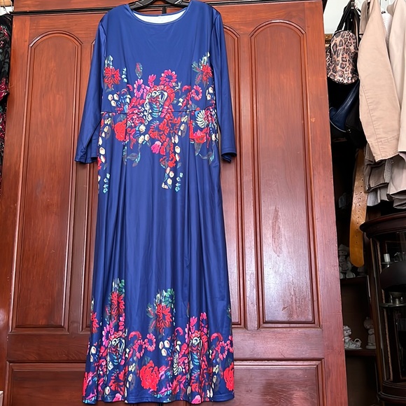 Blue Boho Bright Floral Designed Long Dress With Pleated Front Long Sleeve XL - Picture 1 of 15